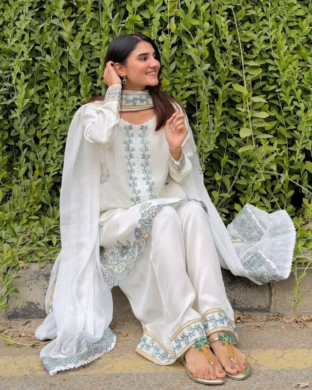 Ready To Wear White Shimmer Silk Embroidery Farshi Salwar Kurti With Dupatta