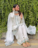 Ready To Wear White Shimmer Silk Embroidery Farshi Salwar Kurti With Dupatta