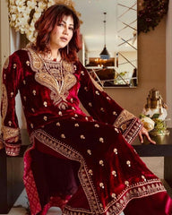 Ready To Wear Maroon-Red Micro Velvet Embroidery Work Pakistani Pant Suit With Dupatta