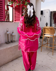 Ready To Wear Hot Pink Maslin Silk Embroidery Work Punjabi Suit With Dupatta