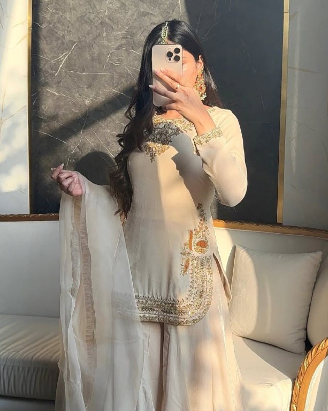 Exclusive White Korean Satin Silk Embroidery Palazo Kurti With Dupatta