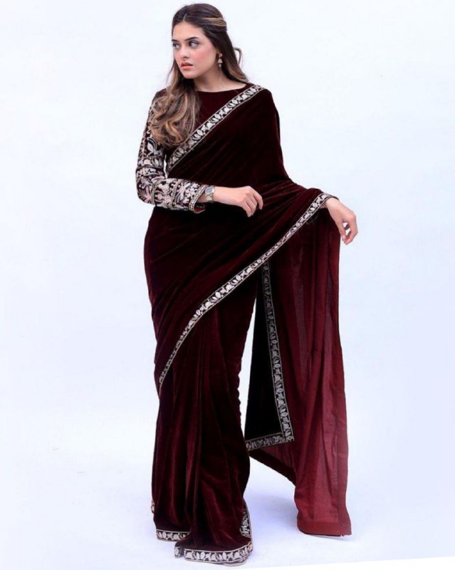 Desinger Maroon Micro Velvet Embroidery Work Saree With Blouse