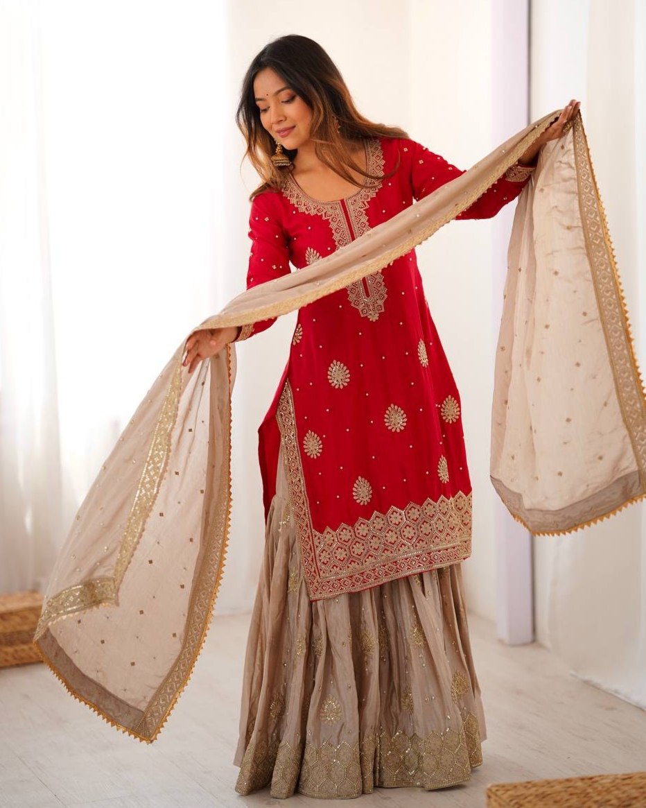 Premium Handcrafted Soft Chinon Silk Coding Embroidery Thread Sharara Suit With Dupatta