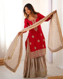 Premium Handcrafted Soft Chinon Silk Coding Embroidery Thread Sharara Suit With Dupatta