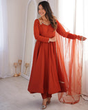 Ready To Wear Orange Chanderi Roman Silk Embroidery Anarkali Suit With Dupatta