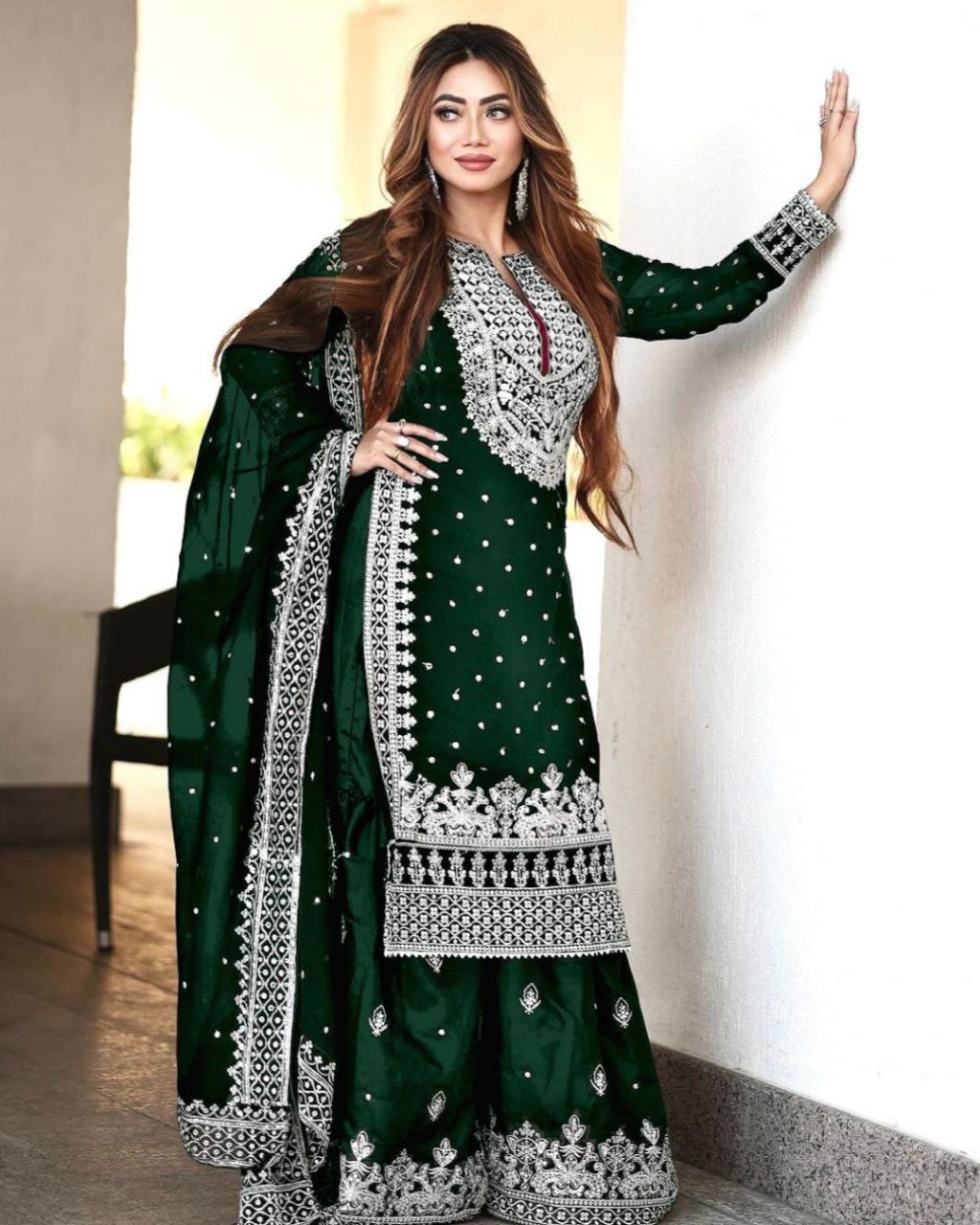 Ready To Wear Dark Green Organza Silk Embroidery Work Pakistani Suit With Dupatta