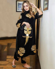 Designer Black Heavy Velvet Embroidery Work Pant Suit With Dupatta