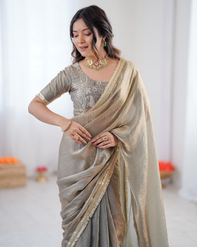 Premium Ready To Wear Peach Grey Simmer Silk Saree With Blouse