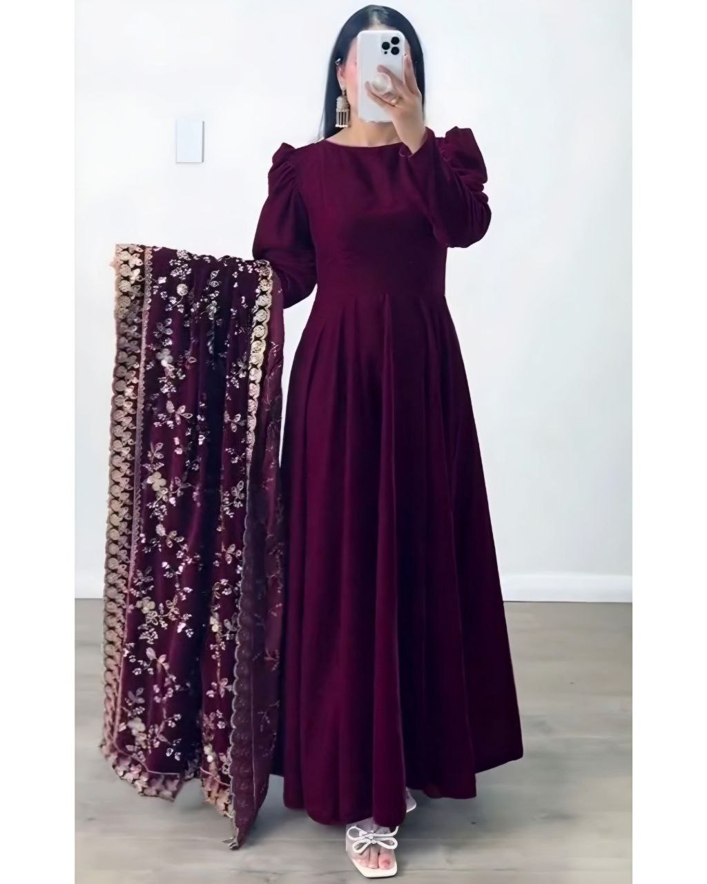 Ready To Wear Maroon Micro Velvet Sequence Work Anarkali Suit With Dupatta