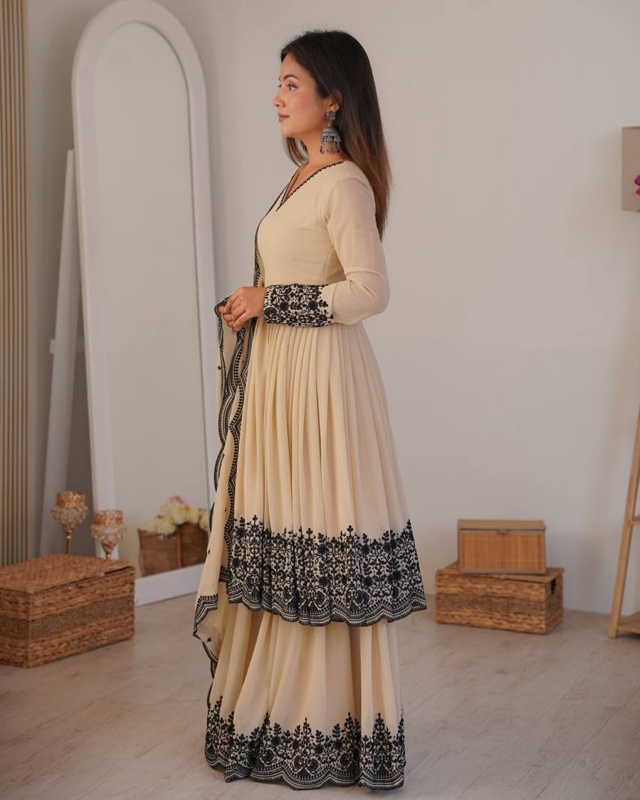 Premium Cream Premium Soft Georgette Embroidery Frock Palazo With Dupatta