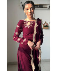 Ready To Wear Maroon Micro Velvet Embroidery Work Pant Suit With Dupatta