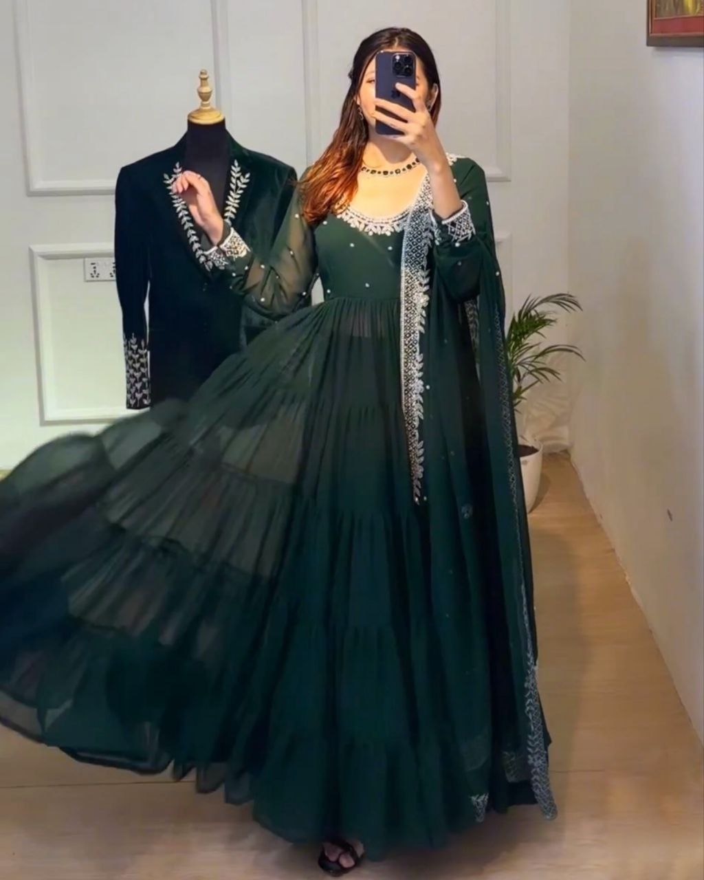 Ready To Wear Dark Green Heavy Georette Sequence Work Gown With Dupatta