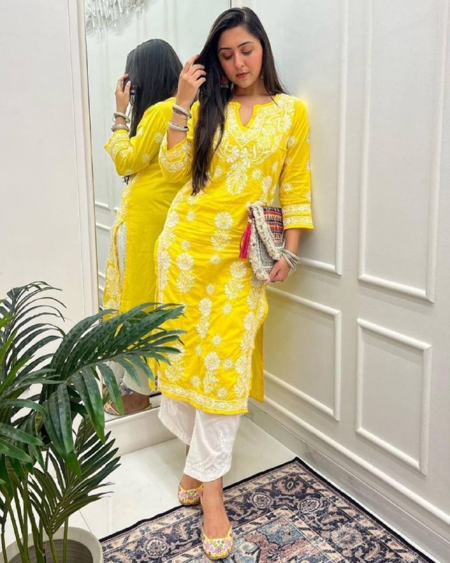 Ready To Wear Yellow Rayon Cotton Embroidery Work Chikan Kari Suit