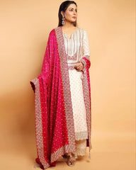 Ready To Wear Off White Pure Georgette Embroidery Work Palzzo Suit With Hot Pink Dupatta