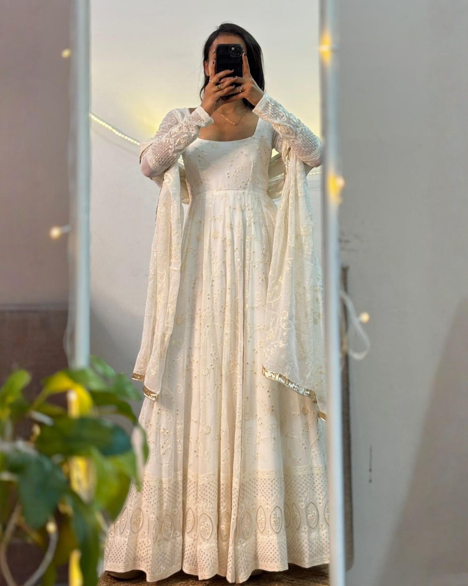 Exclusive White Slim Georgette Embroidery Gown Set With Dupatta