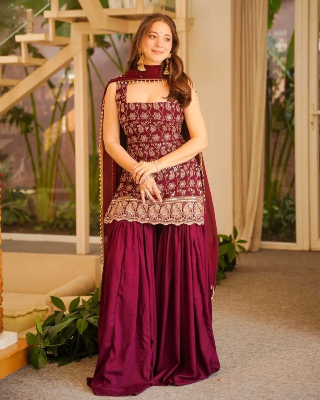 Ready To Wear Red And Green Soft Georgette  Embroidery Sharara Kurti With Dupatta