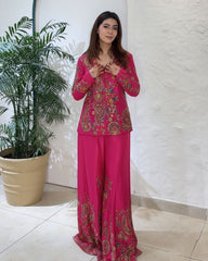 Exclusive Green Purple Maroon Rani Chinon Silk Embroidery Plazo Koti With Blouse