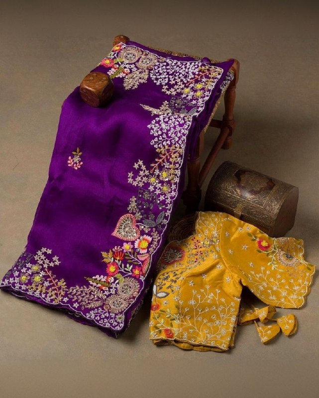 Designer Rangoli Silk Embroidery Work purple Saree With yellow Blouse