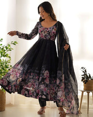 Ready To Wear Black Organza Silk Floral Print Work Anarkali Suit With Dupatta