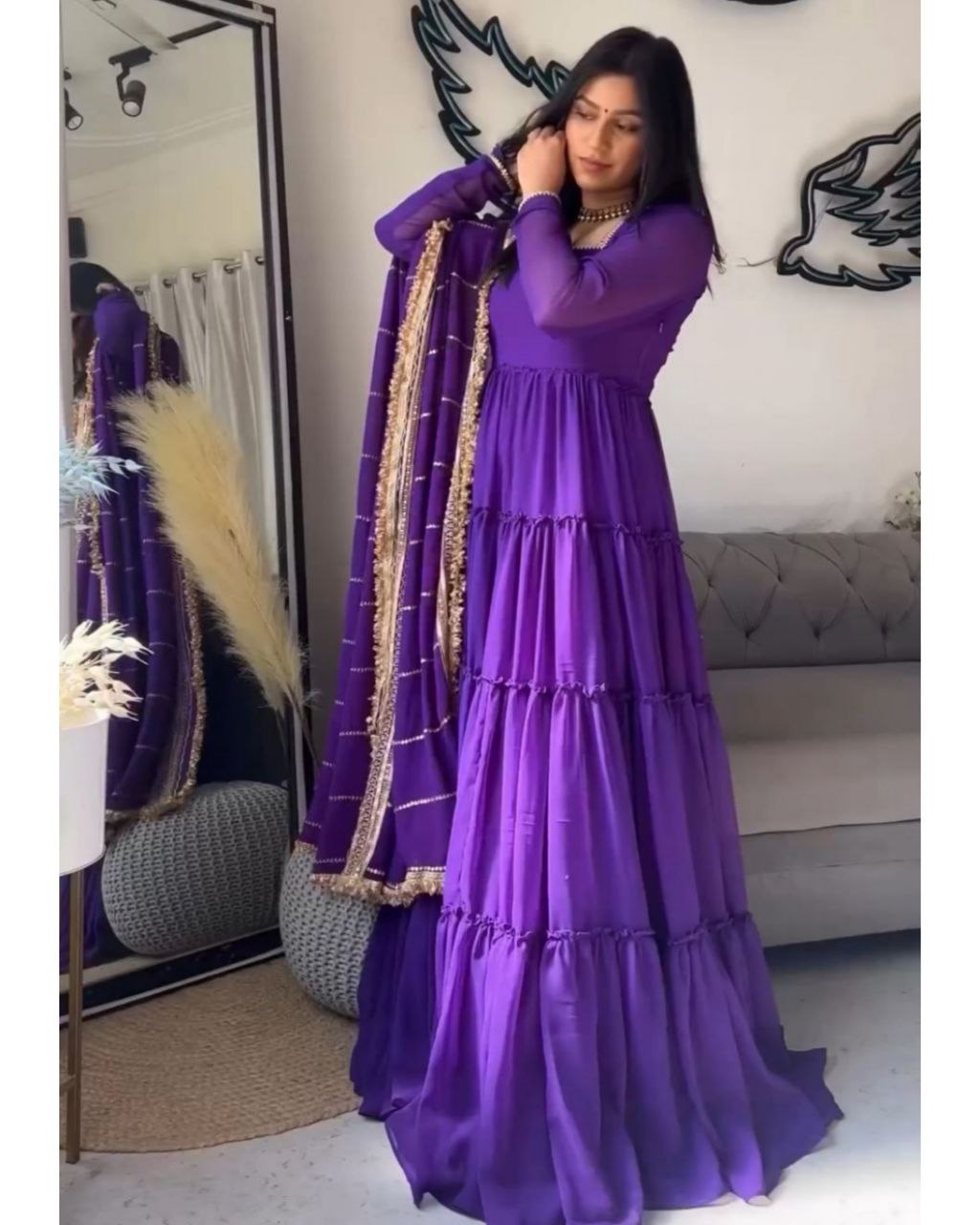 Ready To Wear Purple Pure Georgette Emroidery Work Anarkali Gown With Dupatta