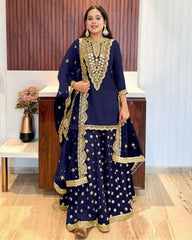 Ready To Wear Blue Pure Georgette Embroidery Work Sharara Suit With Dupatta