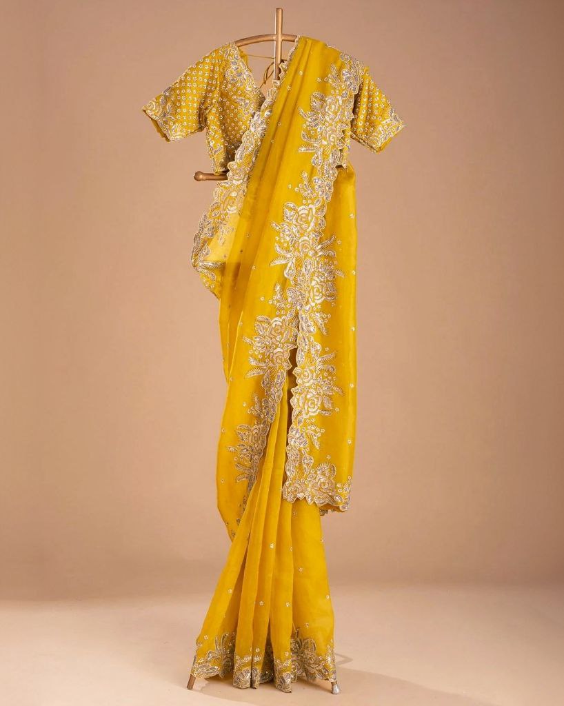 Designer Yellow Organza Silk Embroidery Work Saree With Blouse