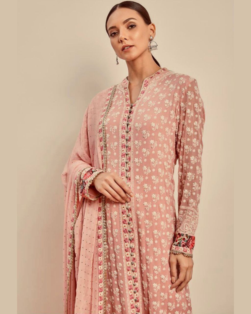 Ready To Wear Pink Embroidered And Floral Borders In Kurta Set, It Comes With Matching Dupatta And Churidar Pants.