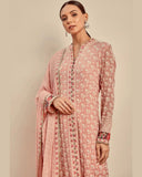 Ready To Wear Pink Embroidered And Floral Borders In Kurta Set, It Comes With Matching Dupatta And Churidar Pants.