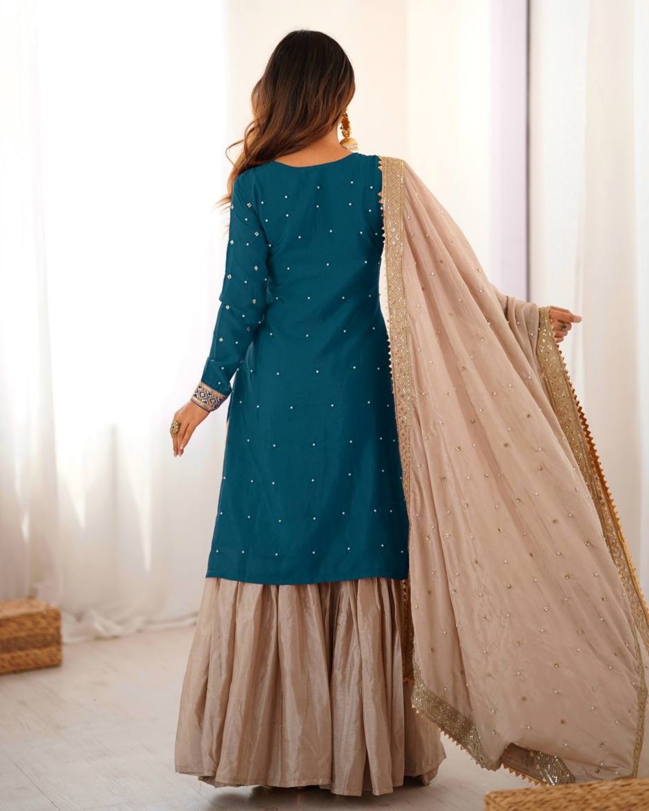 Premium Yellow Peacock Blue Premium Chinon Silk Embroidery Gharara Suit With Dupatta