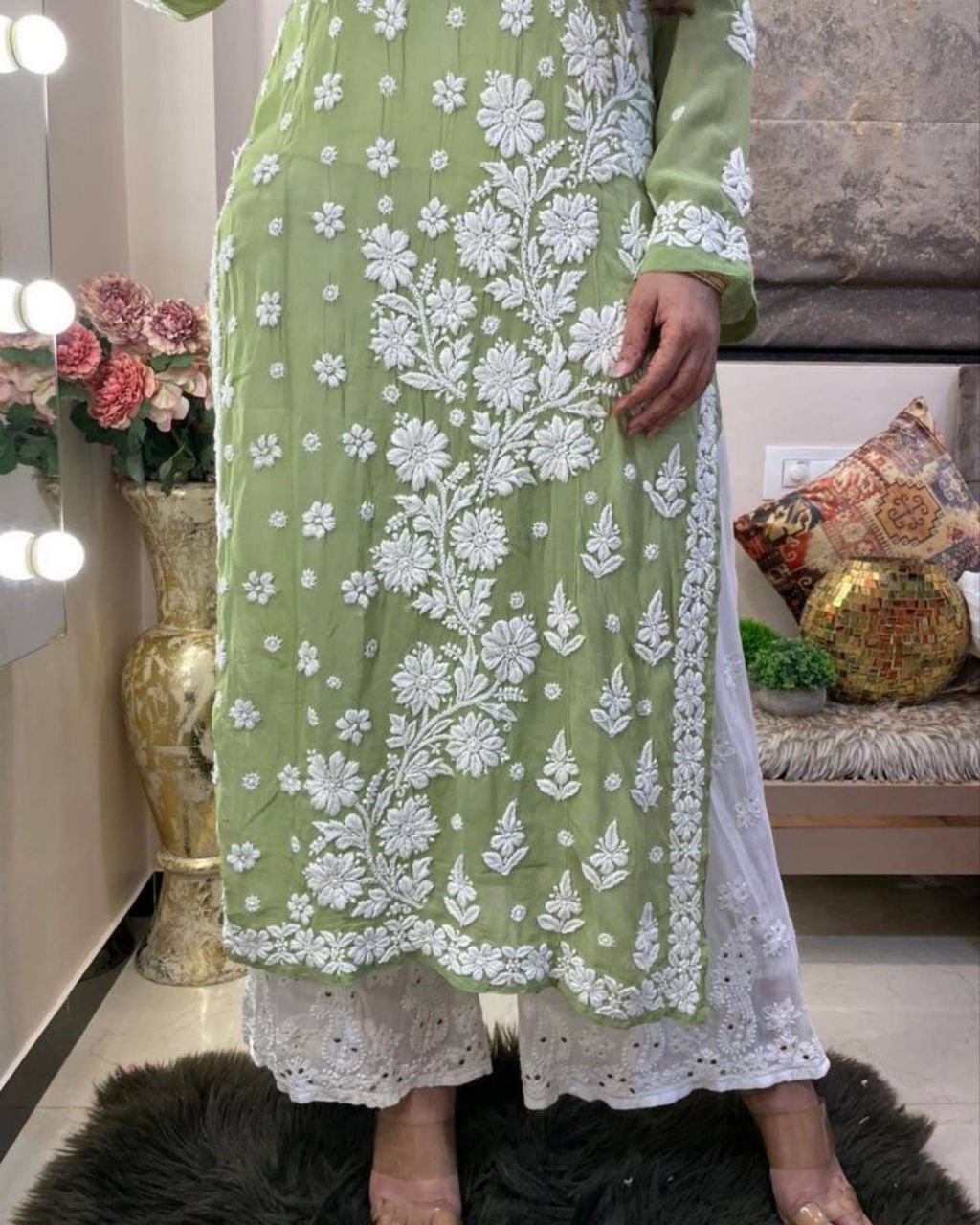 Ready To Wear Green Faux Georgette Embroidery Work, Chikan Kari Suit