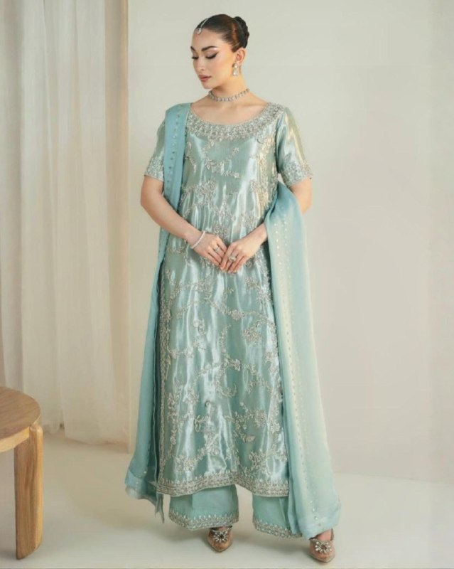 Ready To Wear Sea Green Simmer Silk Palazo Kurti With Dupatta