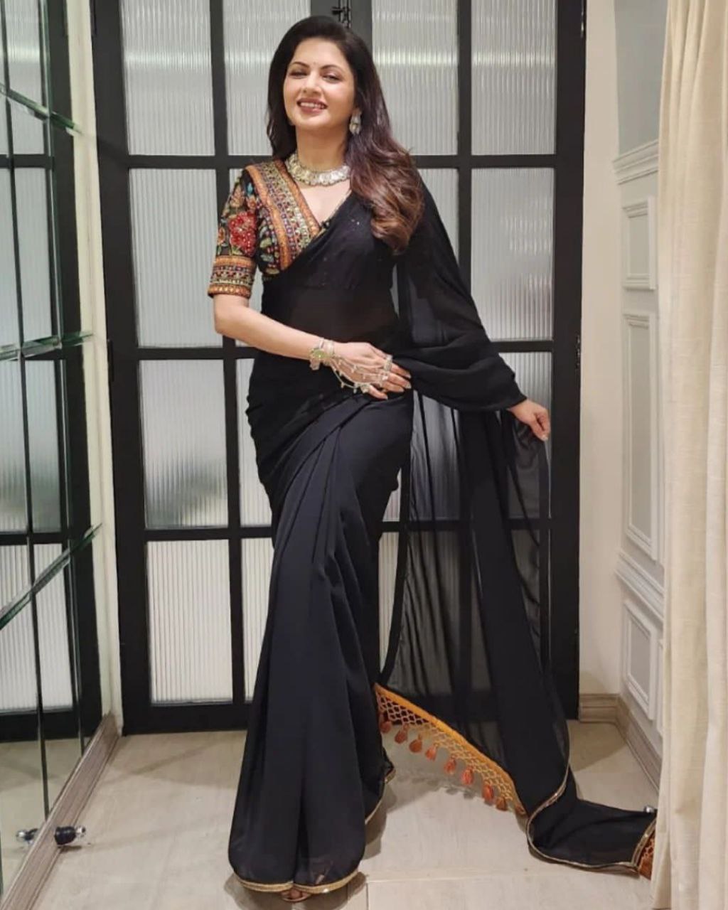 Designer Black Pure Georgette Embroidery Work Work Saree With Blouse