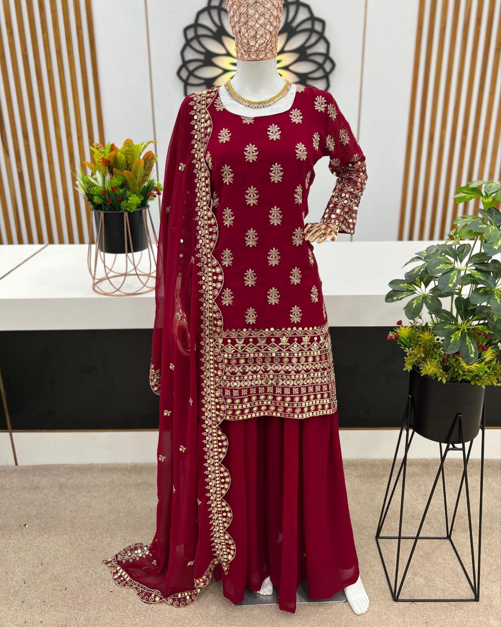 Ready To Wear Maroon Pure Georgette Embroidery Work Plazzo Suit With Dupatta