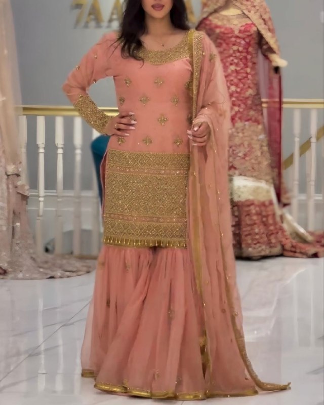 Ready To Wear Peach Pure Georgette Embroidery Work Gharara Suit With Dupatta