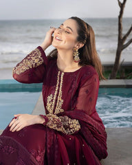 Ready To Wear Wine Pure Georgette Embroidery Work Pakistani Suit With Dupatta