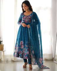 Ready To Wear Rama Organga Silk Floral Print Work Anarkali Suit With Dupatta