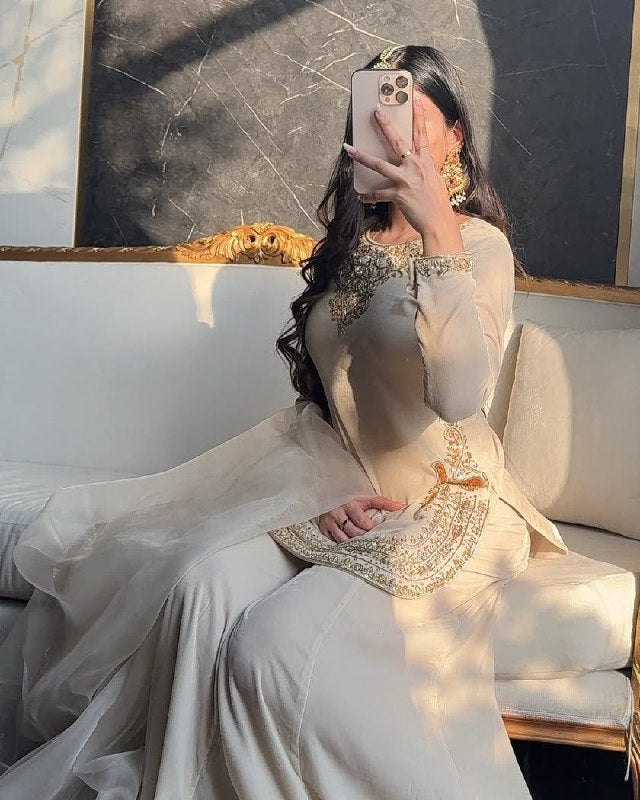 Exclusive White Korean Satin Silk Embroidery Palazo Kurti With Dupatta