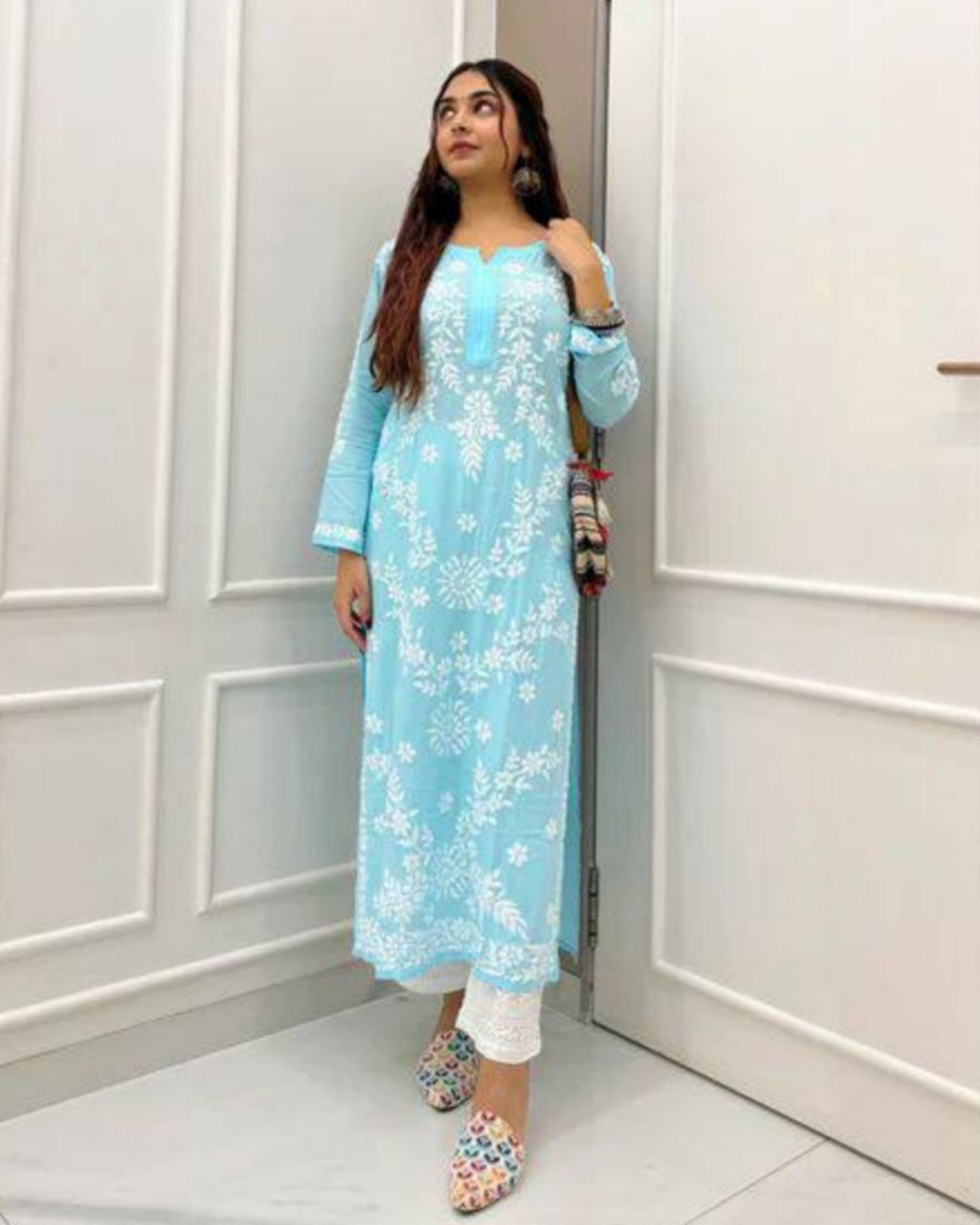 Designer Sky Rayon Cotton Embroidery Work Chikan Kari Suit