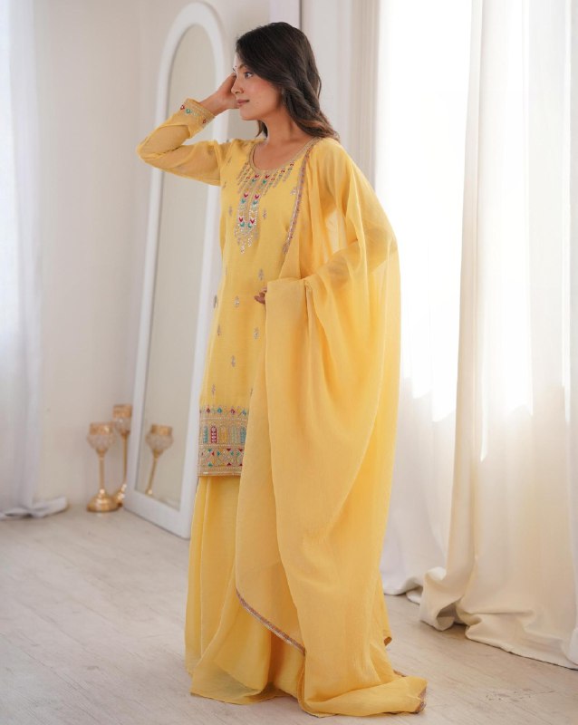 Ready To Wear Yellow Sky Soft Crunchy Silk Embroidery Kurti Palazo With Dupatta