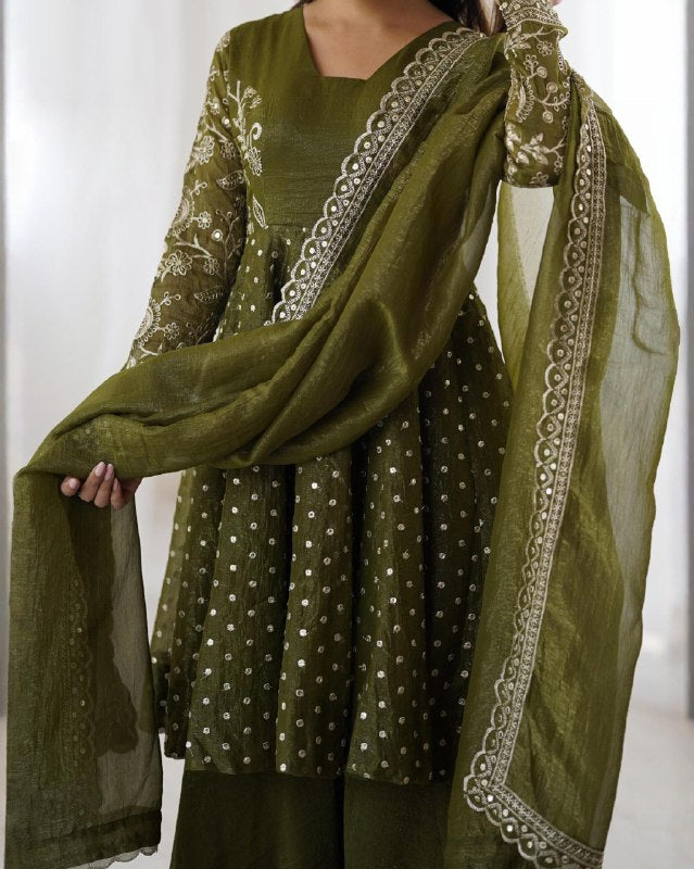 Exclusive Yellow Mehendi Maroon Crunchy Silk Embroidery Frock Palazo With Dupatta