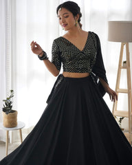 Ready To Wear Black Soft Georgette Sequence Work Lehenga Choli With Dupatta