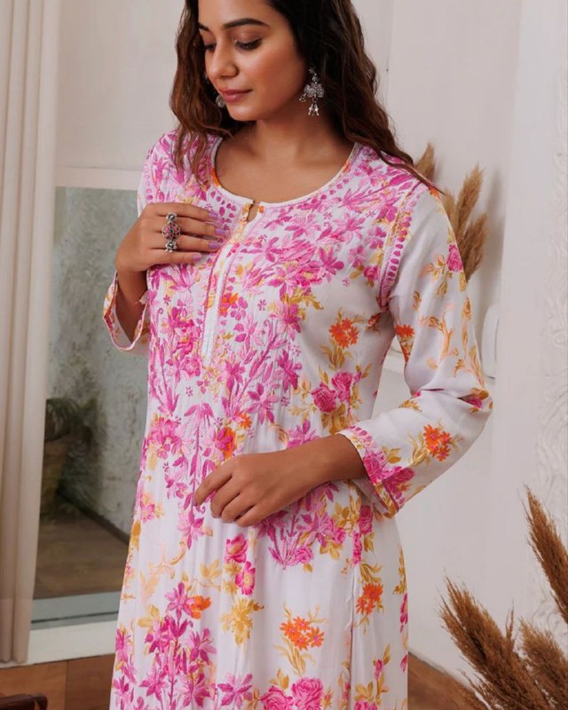 Ready To Wear Pink Rayon Cotton Embroidery Work Chikan Kari Suit