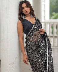 Designer Gray Heavy Georgette Embroidery Work Saree With Blouse