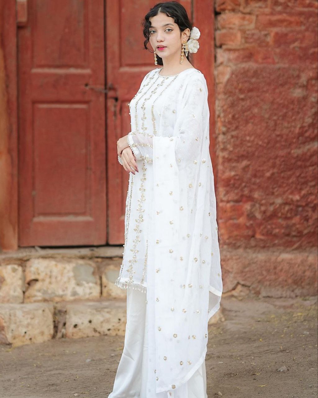 Ready To Wear White Pure Georgette Embroidery Work Plazzo Suit With Dupatta