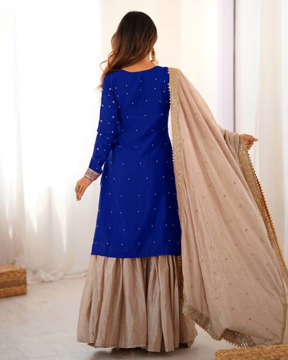 Premium Pink Blue Premium Chinon Silk Embroidery Gharara Suit With Dupatta