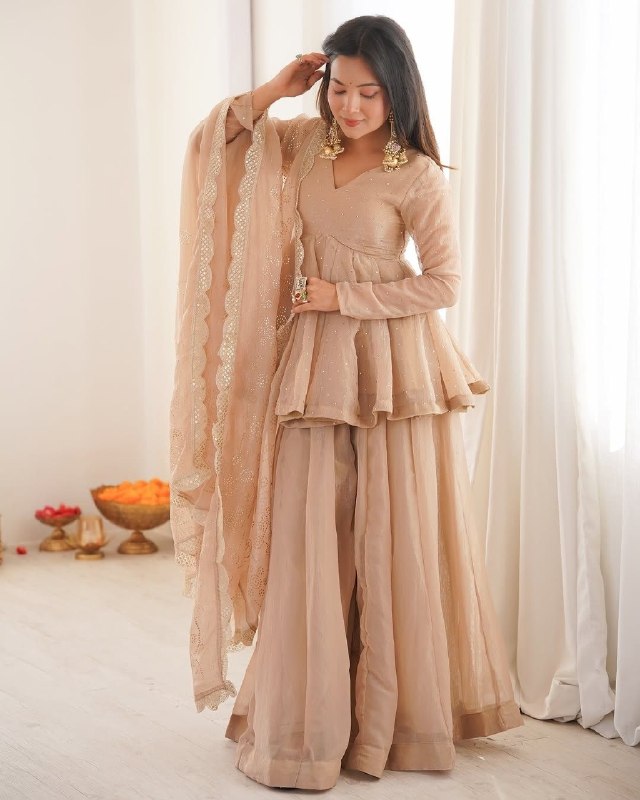 Ready To Wear Cream And Red Pure Taby Organza Silk Sharara Suit With Dupatta