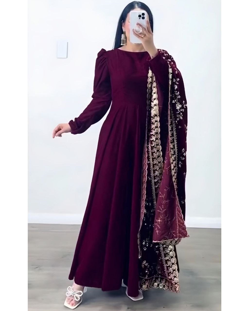 Ready To Wear Maroon Micro Velvet Sequence Work Anarkali Suit With Dupatta