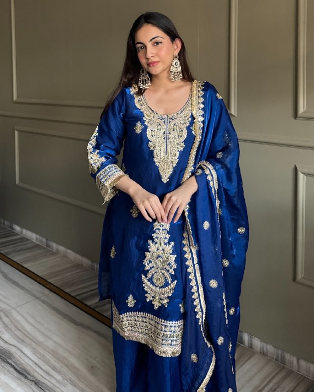 Ready To Wear Red And Blue Simmer Silk Palazo Kurti With Dupatta