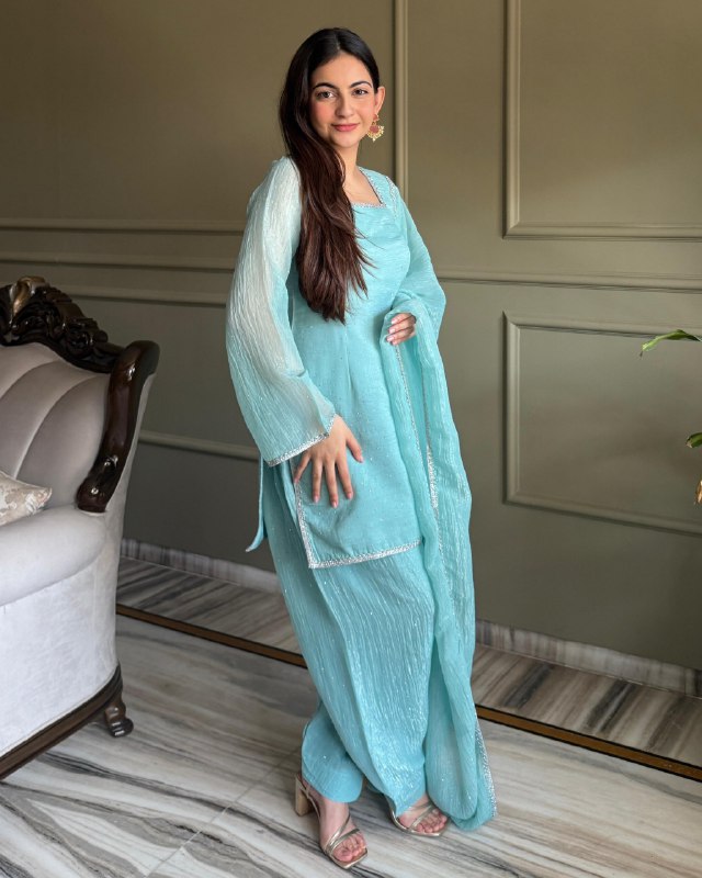 Ready To Wear Sky Blue Crunchy Silk Embroidery Farshi Salwar Suit With Dupatta