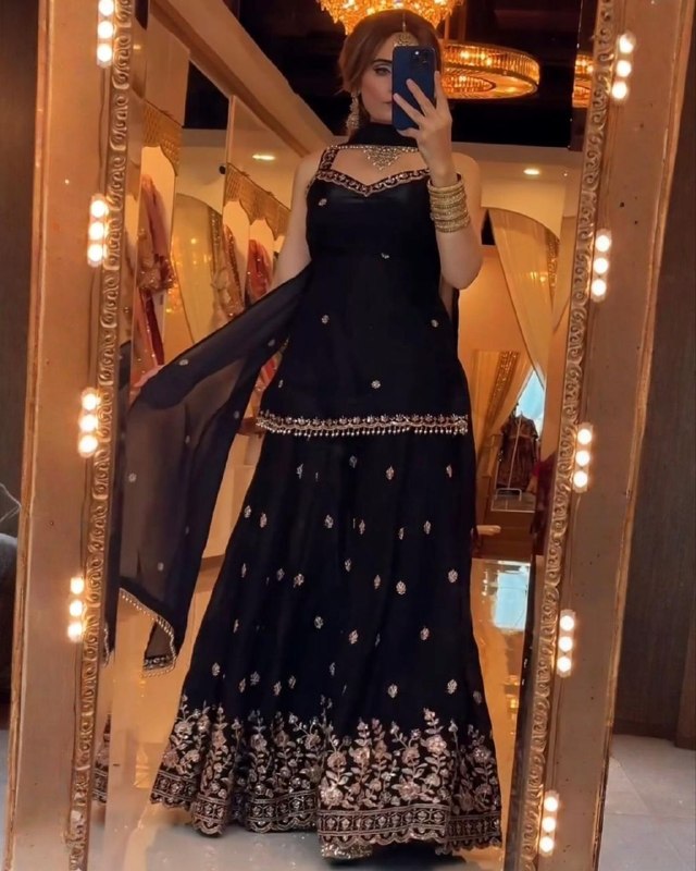 Ready To Wear Black Simmer Silk Embroidery  Lehenga Kurti With Dupatta